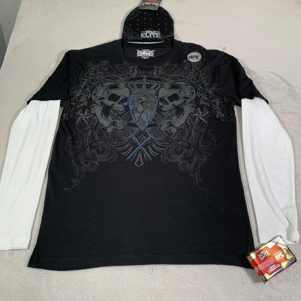 Y2K MMA Elite Shirt Men XL Black Thermal Layered UFC Skull Lion Thermal W Beanie